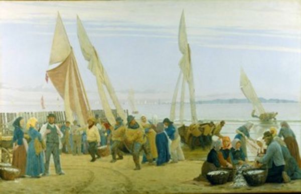 Kroeyer  Morgen ved Hornbaek  Fiskerne kommer i land  1875 